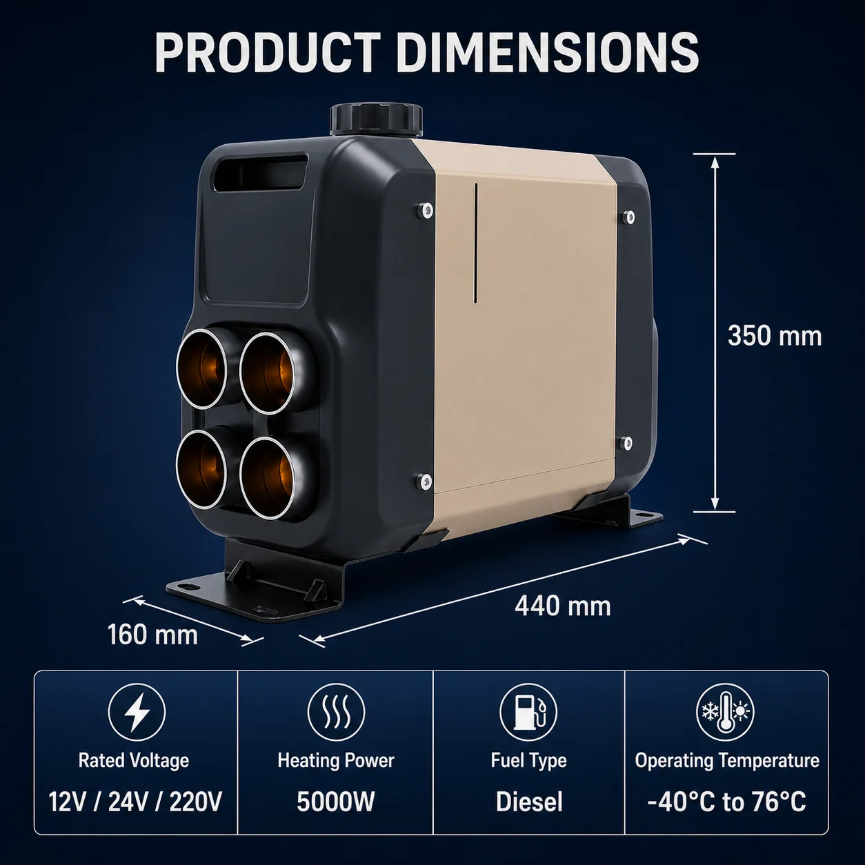 5KW All-in-One Diesel Air Heater 12V 24V Four-Outlet Parking Heater for Truck Camper Van RV