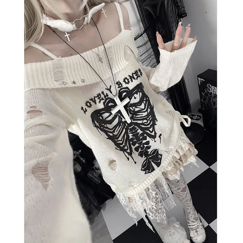 Deeptown Gothic Y2k Women Sweater Off Shoulder Pullovers Harajuku Anime Graphic Knitwear Hollow Out Kint Spring Oversize Jumper