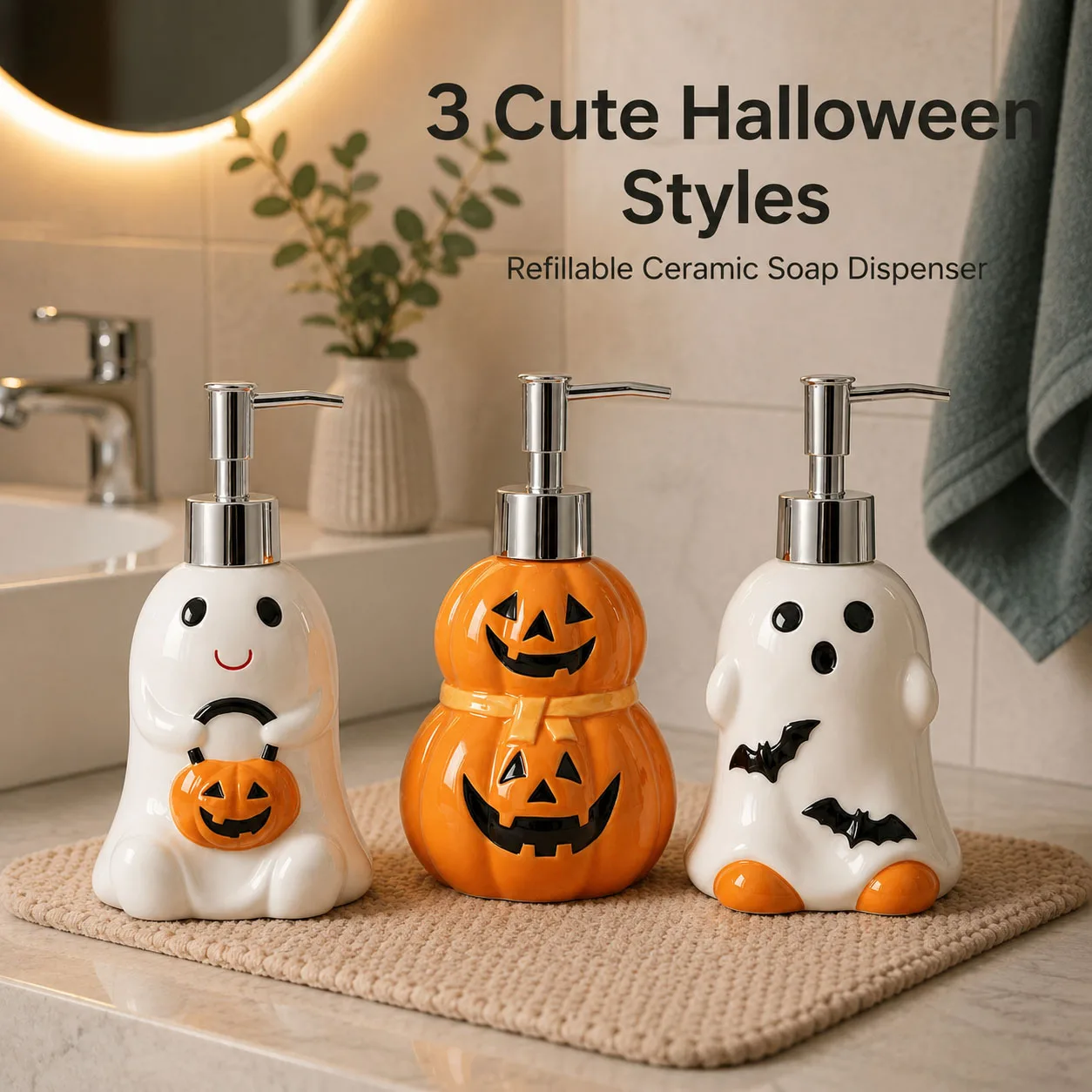 Halloween Ghost Pumpkin Ceramic Soap Dispenser with Pump,Cute Hand Wash Lotion Bottle for Bathroom Shower Gel Shampoo Liquid