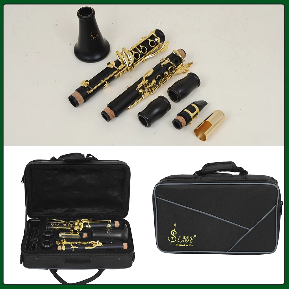 SLADE Bb Clarinet 17 Keys Ebony Wood Gold Plated Keys B Flat Clarinet with Case Ideal for Professional Performance Exam Player