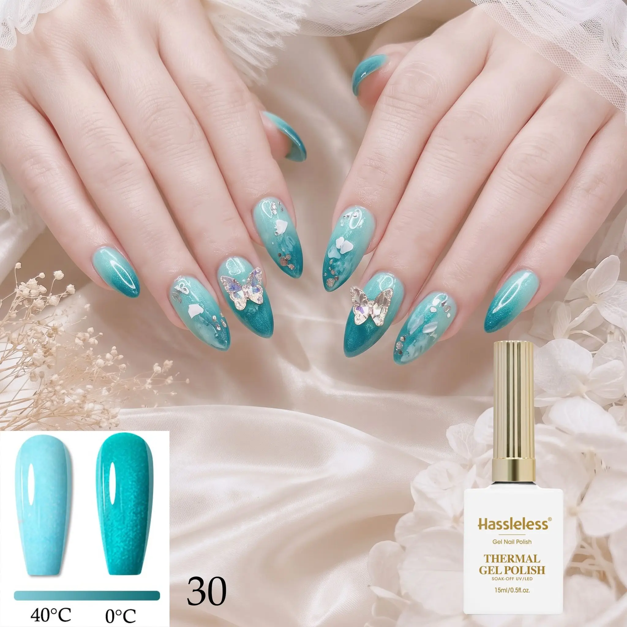 Hassleless 15ml Temperature-Changing Nail Polish, Lake Blue Teal Cat-Eye Crushed Diamond Style, Suitable for Home Nail Art Salon DIY Manicures, Rich Colors, Easy to Use