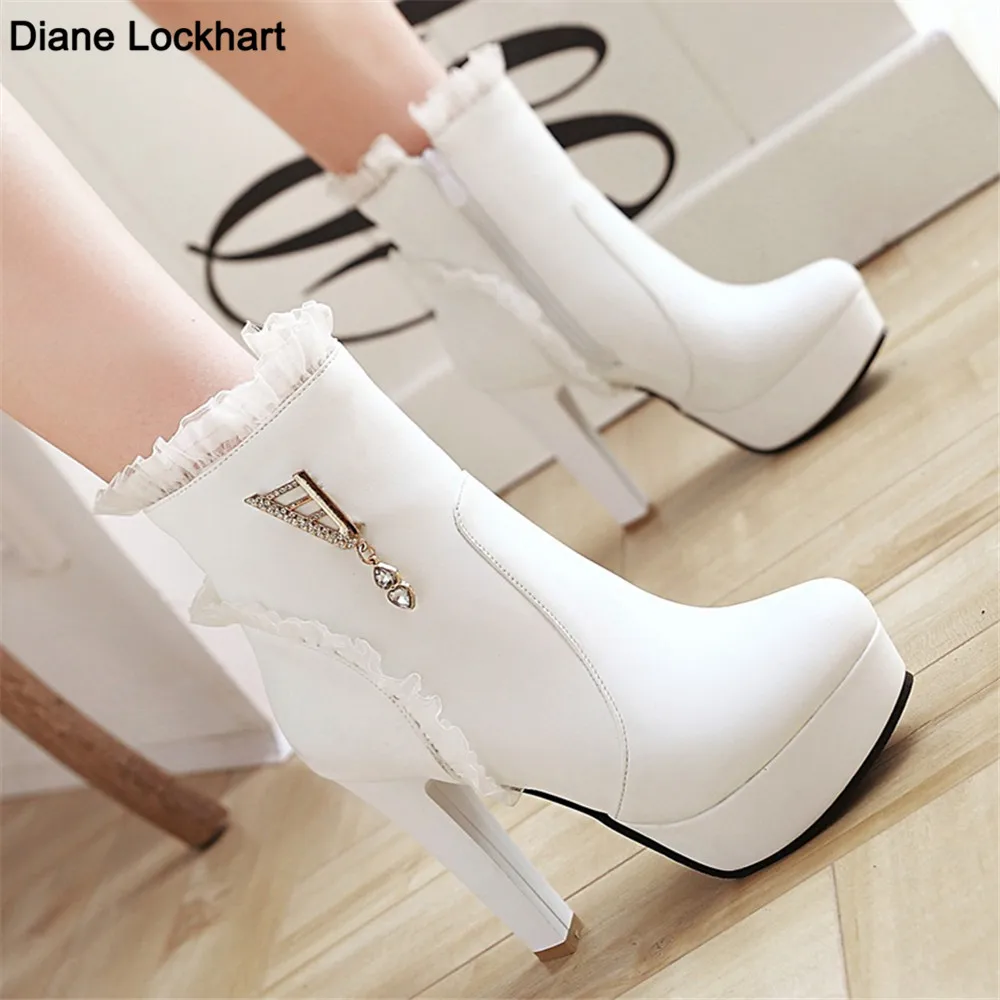 White Ankle Boots Women Platform Short Shoes Fashion Lace Buckle High Heels White Black Autumn Winter Ladies Ankle Boots Pink