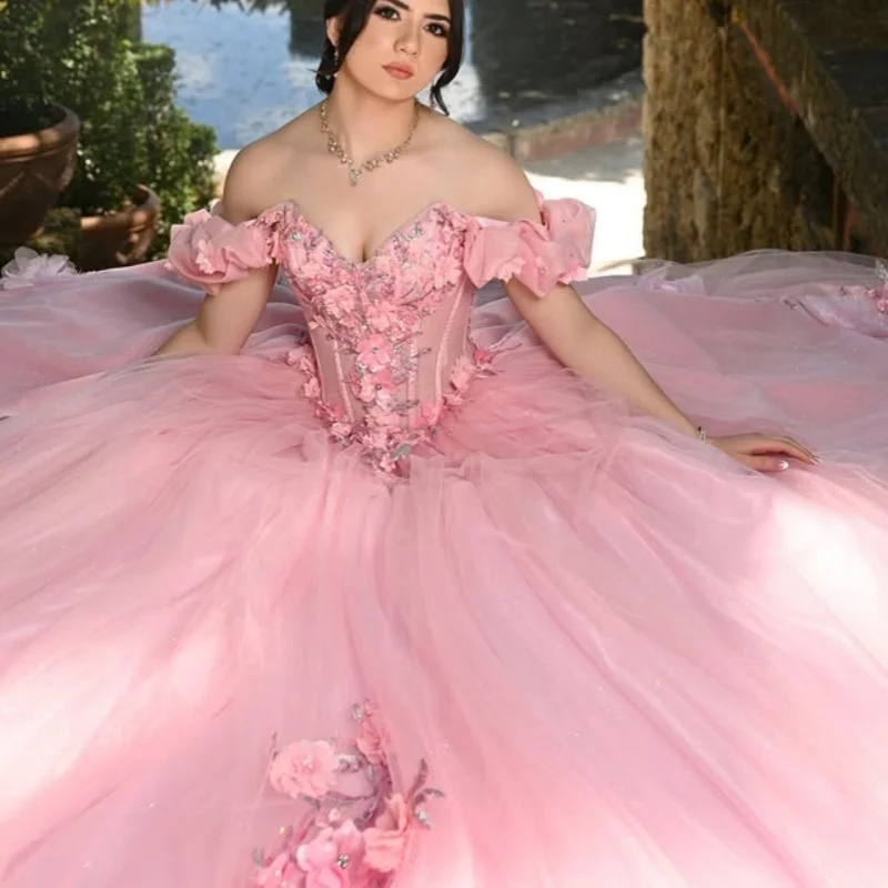 

Pink Quinceanera Dress Lace layering crystal 3D flower off-shoulder sequins Tull decal vestidos de 15 Quinceanera ﻿Customized