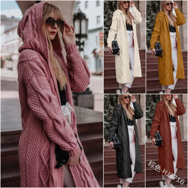 

2025 Autumn and Winter Solid Color Hooded Long Loose Cardigan Sweater Twist Knitted Sweater Women's Europe and America