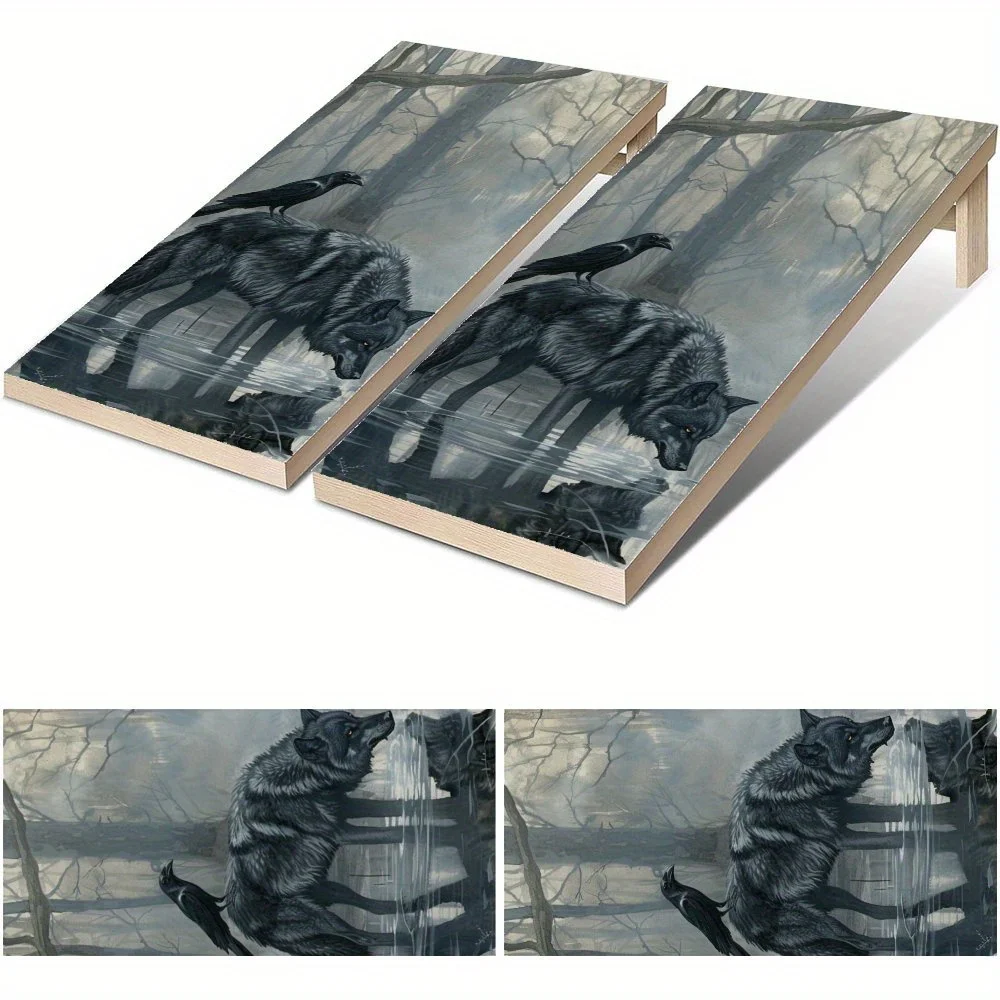 Dark Forest Wolf & Raven Waterproof Cornhole Board Vinyl Wraps, PVC Outdoor Game Board Design, Perfect for Sports & Leisure Acti