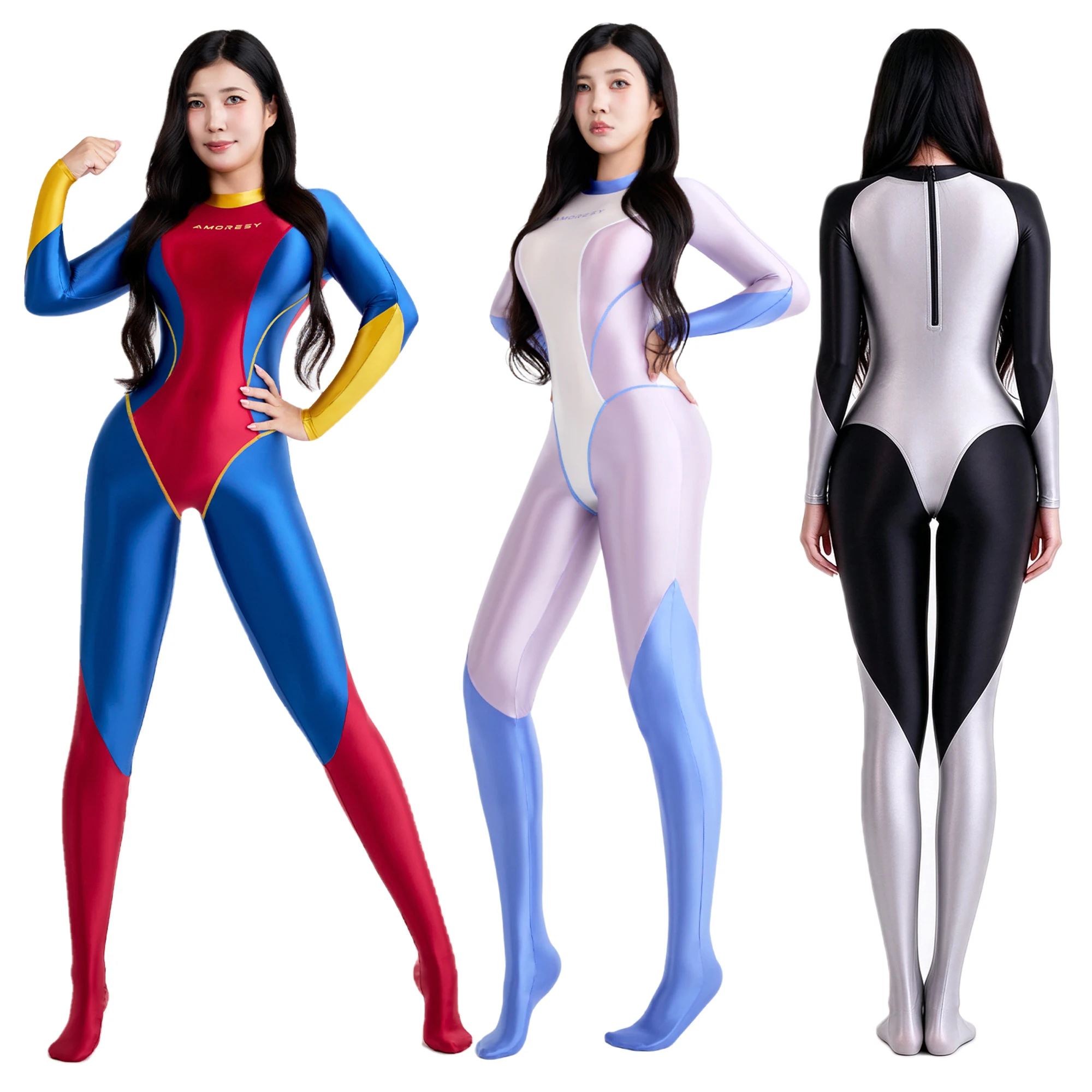 AMORESY Satin Glossy Tights Long Sleeve Full Length Smooth Yoga Bodysuit Casual Sport Suit XClocKNYoung Color Blocking Jumpsuit