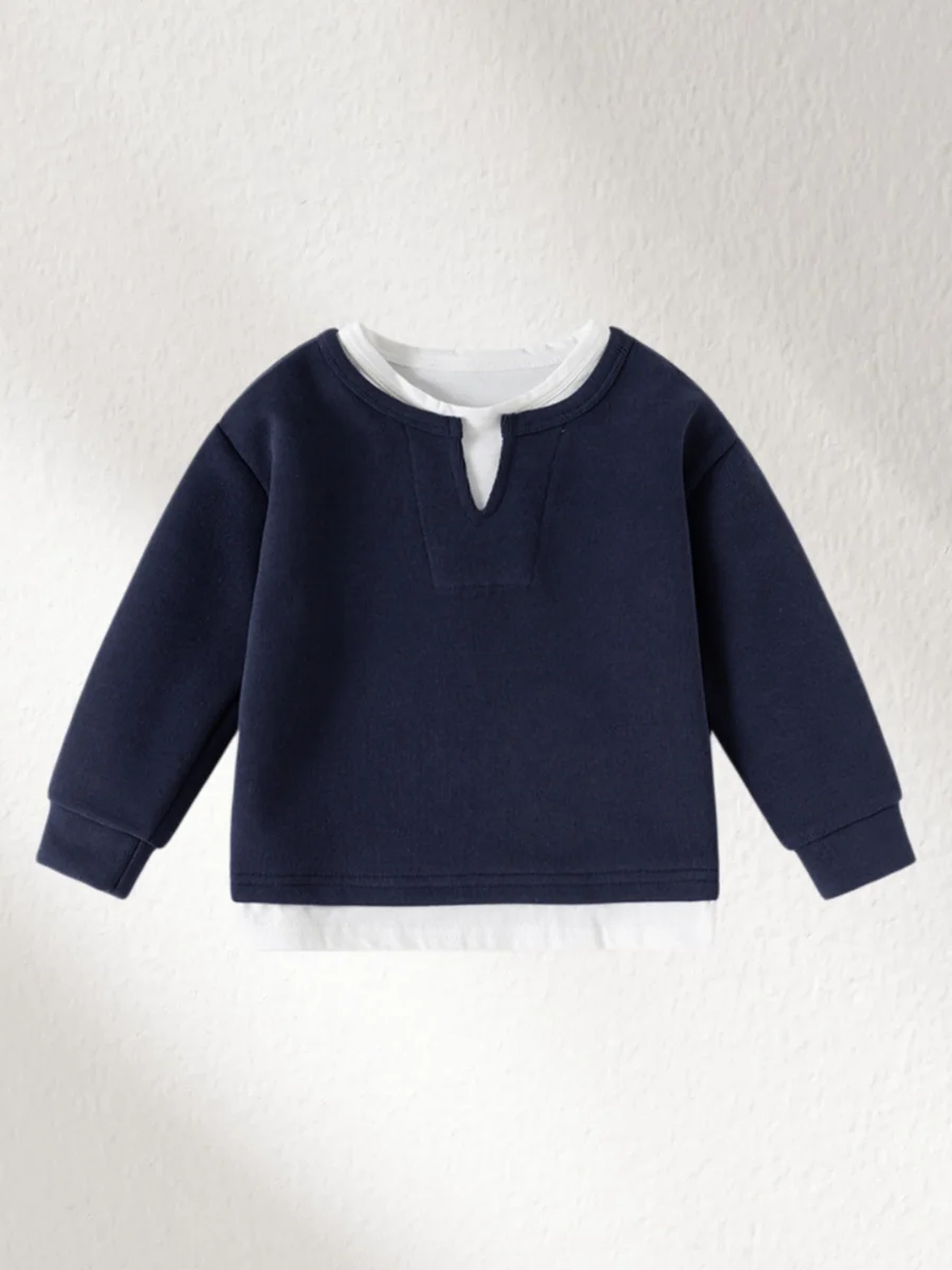 2026 Spring New Kids Pullover 2-6Y Boys Solid Color Fake Two-Piece Sweatshirt V-Neck Long Sleeve T-shirt Clothes