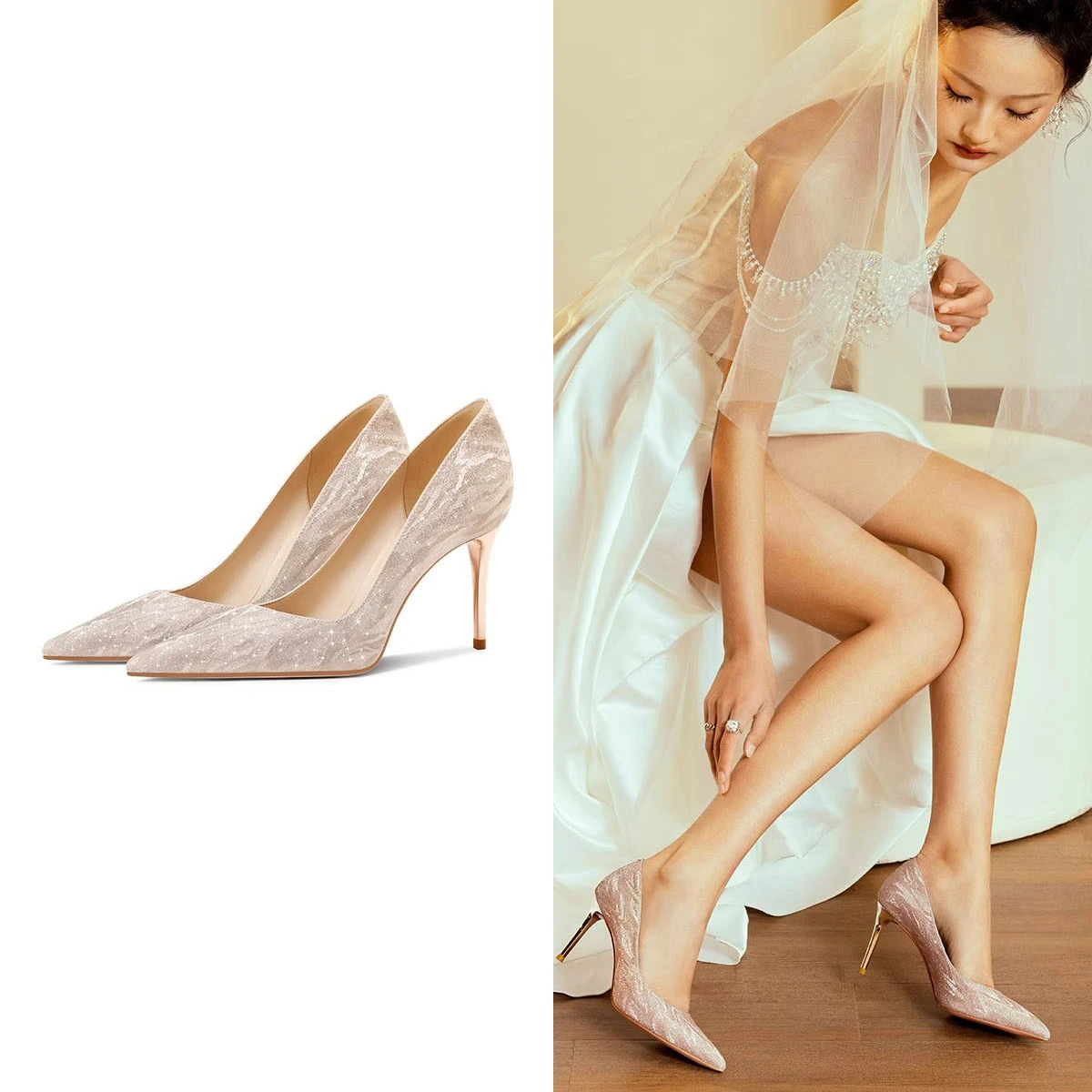 

Bridal champagne wedding shoes, main wedding dress, two pairs of high heels, female engagement shoes
