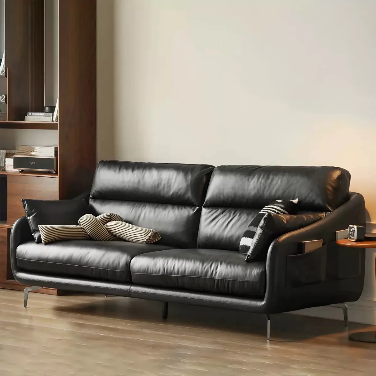 Nordic retro leather sofa Italian minimalist black small apartment living room first layer cowhide straight row high backrest
