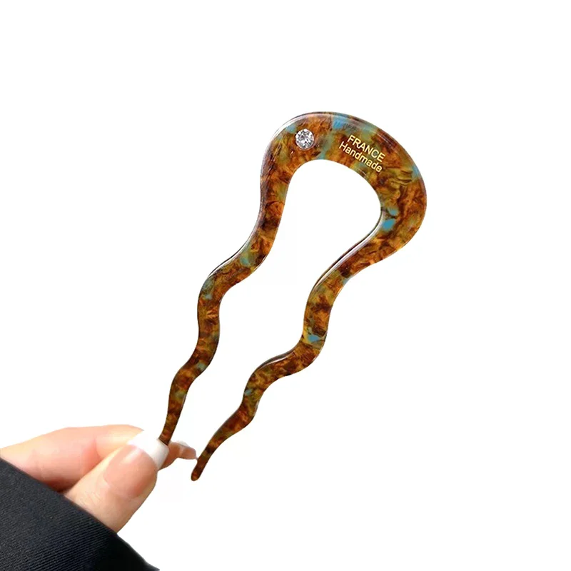 Grampo de cabelo torcido francês, grampo de cabelo de acetato ondulado em forma de u, vintage, concha de tartaruga, coque de cabelo feminino, acessórios de chapéu