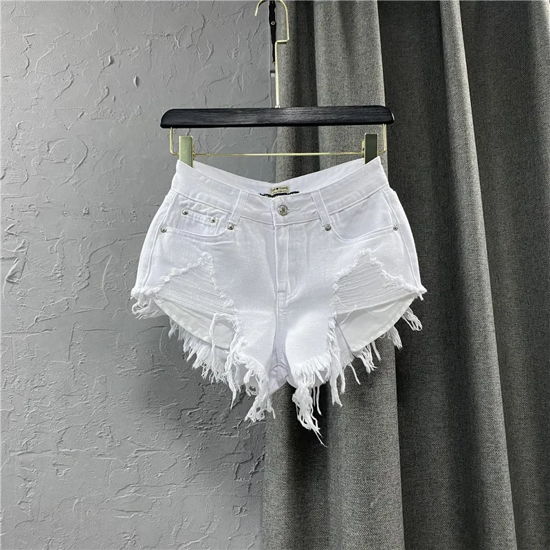 Fashion Korean White Jeans Hole Ripped Low Waist Denim Shorts Women