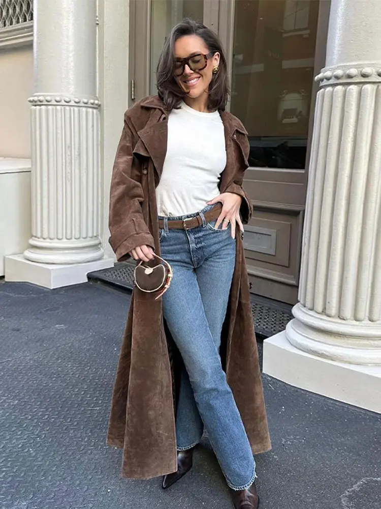 Women Khaki Faux Leather Long Coat With Belt Fashion Double-breasted Lapel Oversized Jacket Autumn Female High Street Outwear