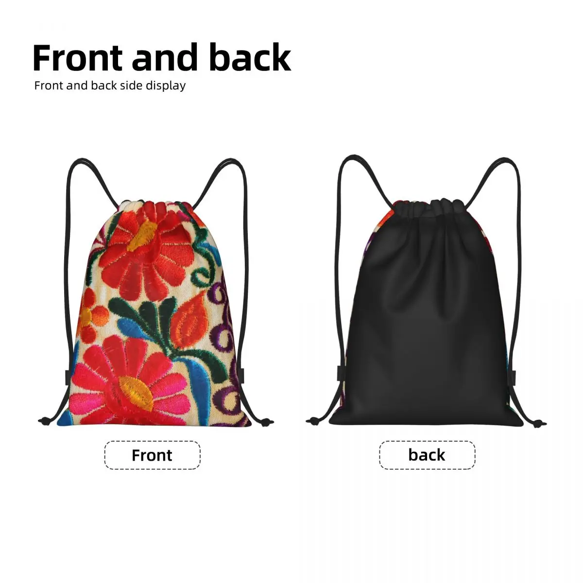 Custom Mexican Flower Embroidery Art Drawstring Backpack Bags Lightweight Textile Floral Folk Gym Sports Sackpack Sacks for Yoga