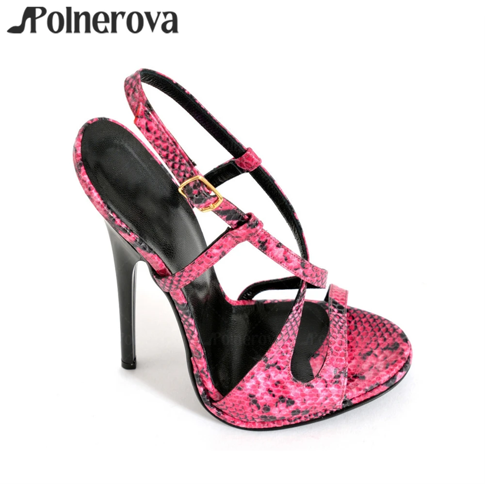 Pink Fuxia Snake Leatherette Extreme Sandals Sexy 16cm Handmade Summer Shoes Lacquered Empire Heels Peep Toe Ankle Strap Sandals