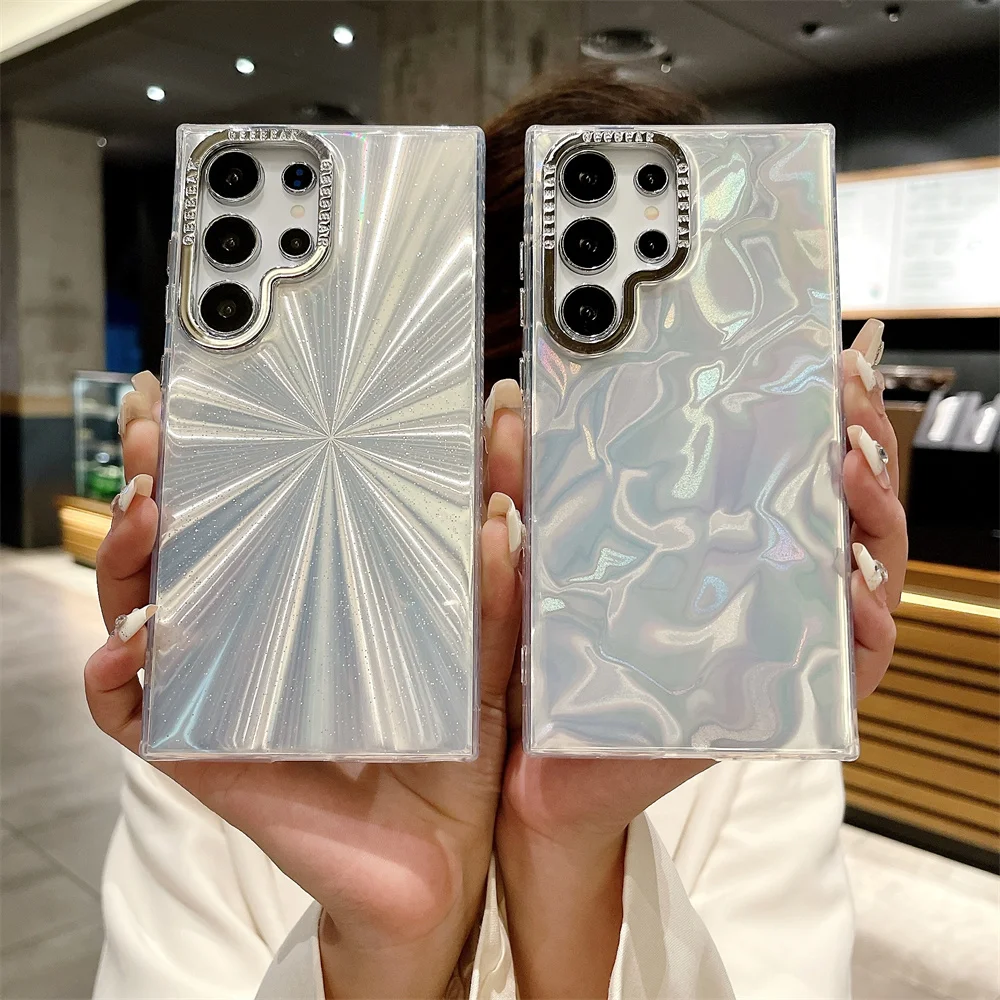 Aurora Glitter Shell Gradient Feather Case for Samsung Galaxy S25 S24 Ultra S23 S22 Plus Laser Colorful Acrylic Plating Cover