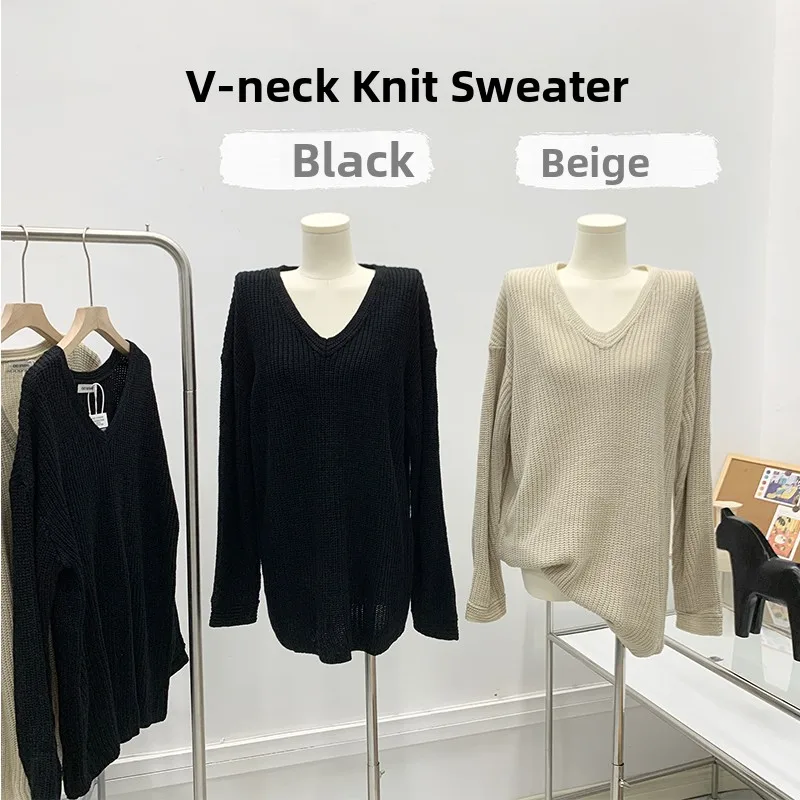 黒のゆったりとしたVネック長袖ニットウェア女性の2023新しい怠惰なスタイルの高級感のあるトップス甘いスタイル無地ラウンドネック