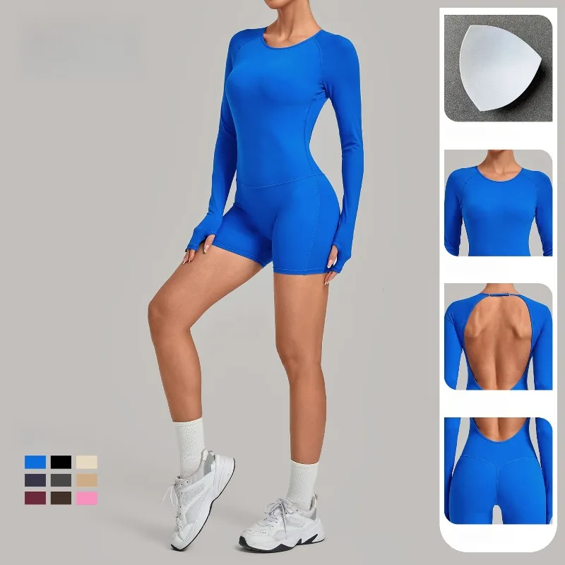 Women's Seamless Yoga Jumpsuits Sports Fitness Hip-lifting Long-sleeved Backless Training Workout Gym Shorts One-piece