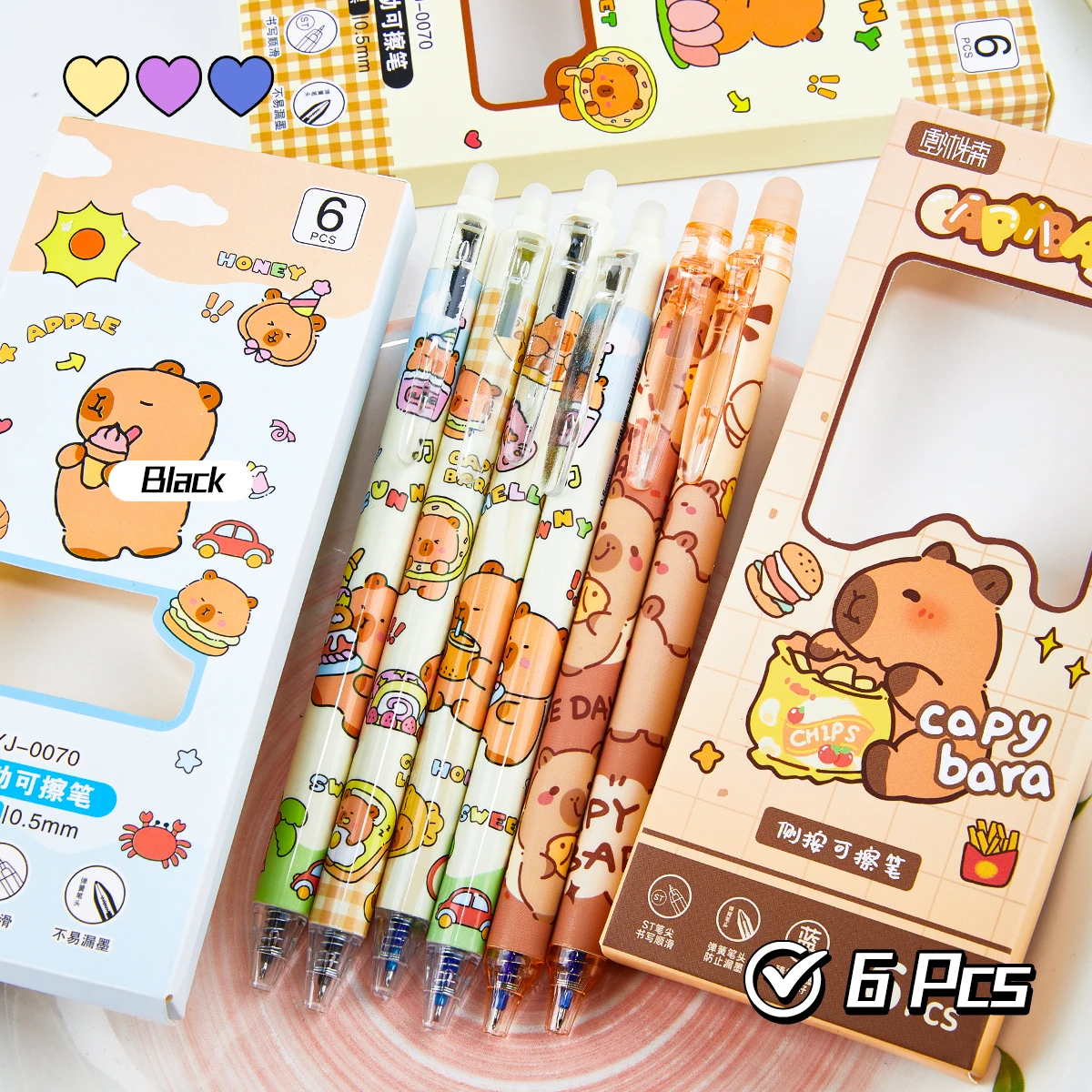 6pcs Cartoon Cute Capibala themed erasable pens with storage design,blue ink,smooth writing,quick drying,office supplies,elegant