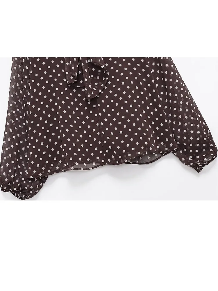 

HH женская мода с бантом и вырезом с длинными рукавами в горошек, тонкая легкая шикарная рубашка, женская элегантная рубашка для отдыха на работу