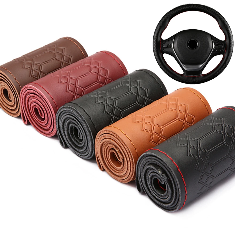 Car Steering Wheel Cover Genuine Leather DIY Hand Sewn Embossed Cowhide Steering Wheel Wrap Braid With Needle Thread 38cm