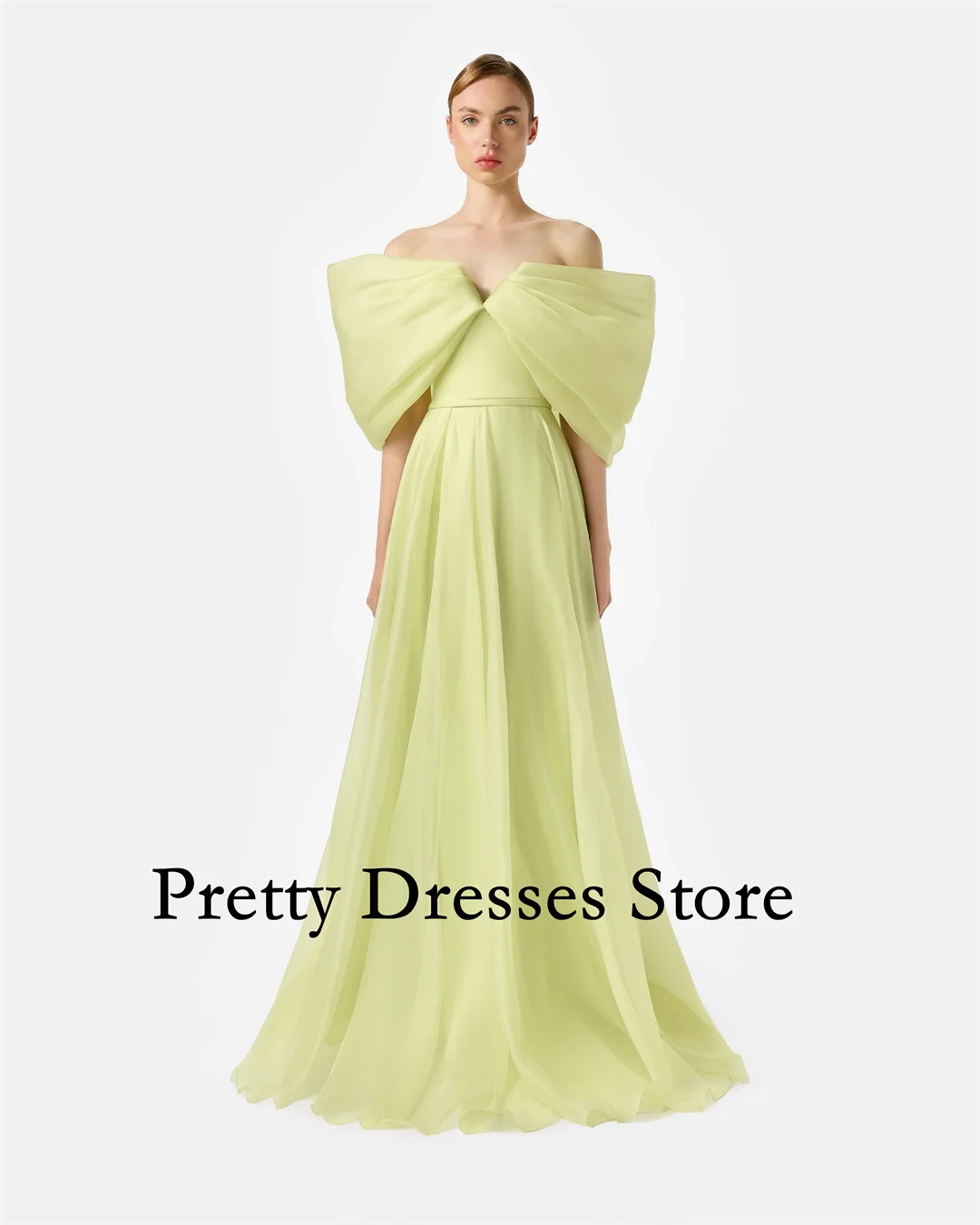 2026 New Design Off the Shoulder Bright Green Formal Evening Dress Floor Length Organza Vintage A-Line Prom Gown