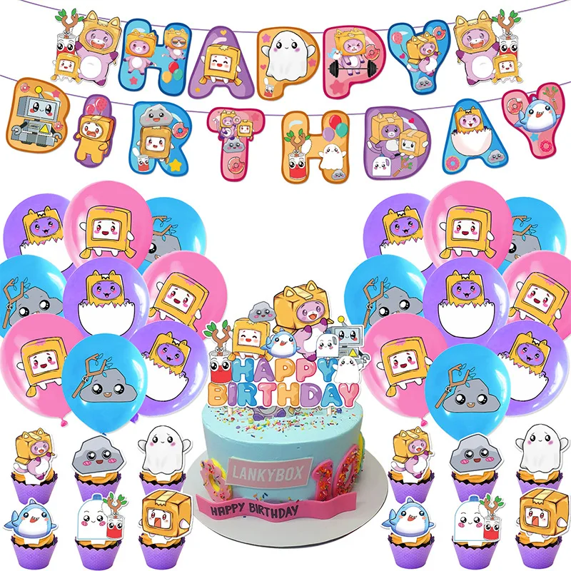 

Cartoon Lankybox Theme Birthday Party Supplies Decoration Hot Lankybox Balloon Banner Backdrop Cake Topper Banner Kids Boys Gift