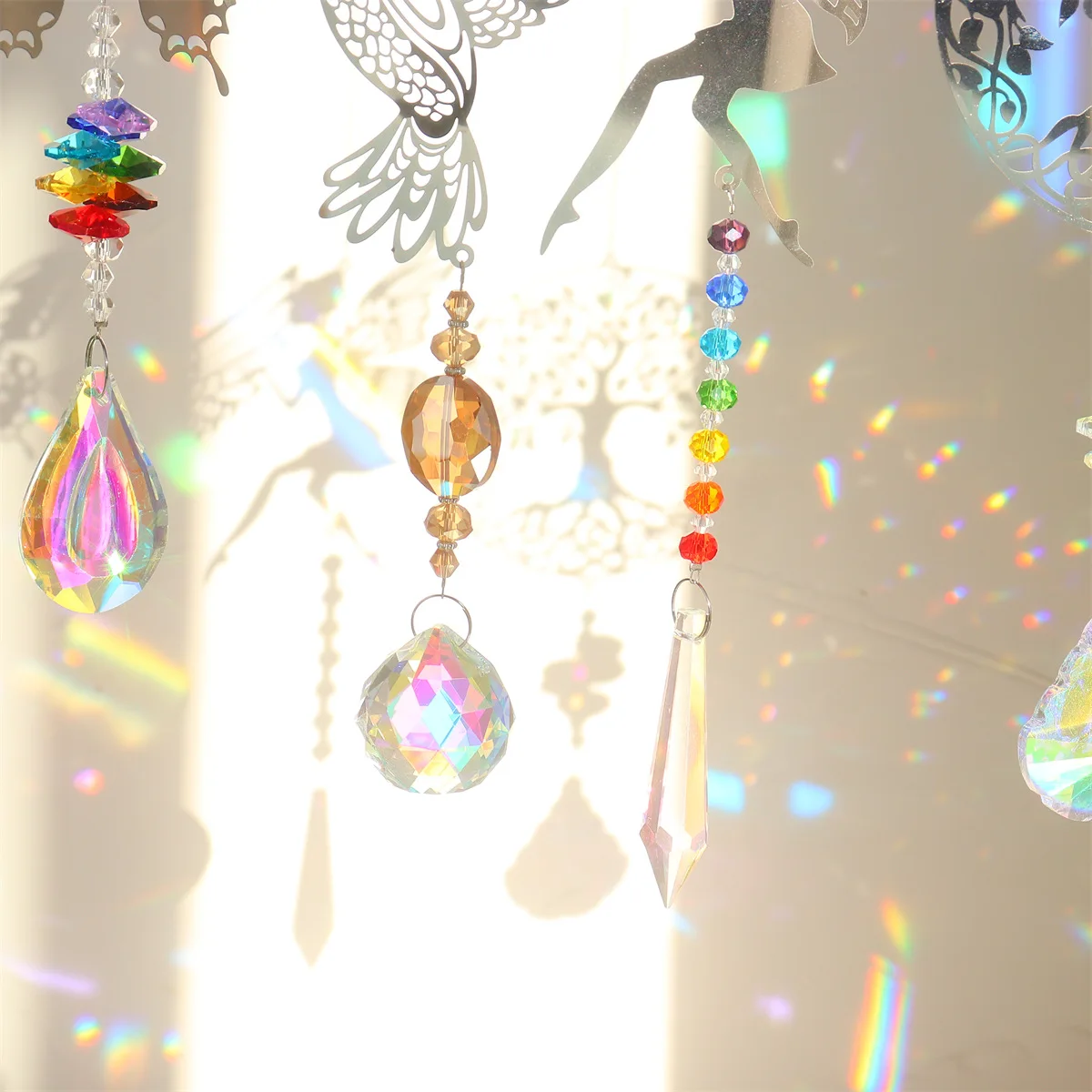 Sun Catcher Rainbow Made Pendant Butterfly Tree Owl Bird Angel Window Hanging Crystal Prism Sun Trap Home Hanging Decorations