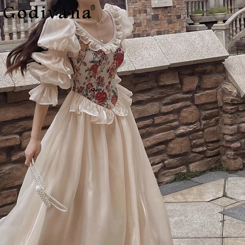 

Ladies Spring New French Retro Puff Long Sleeve Princess Dress Ruffles Splicing Round Neck High Waist Temperament Long Dresses