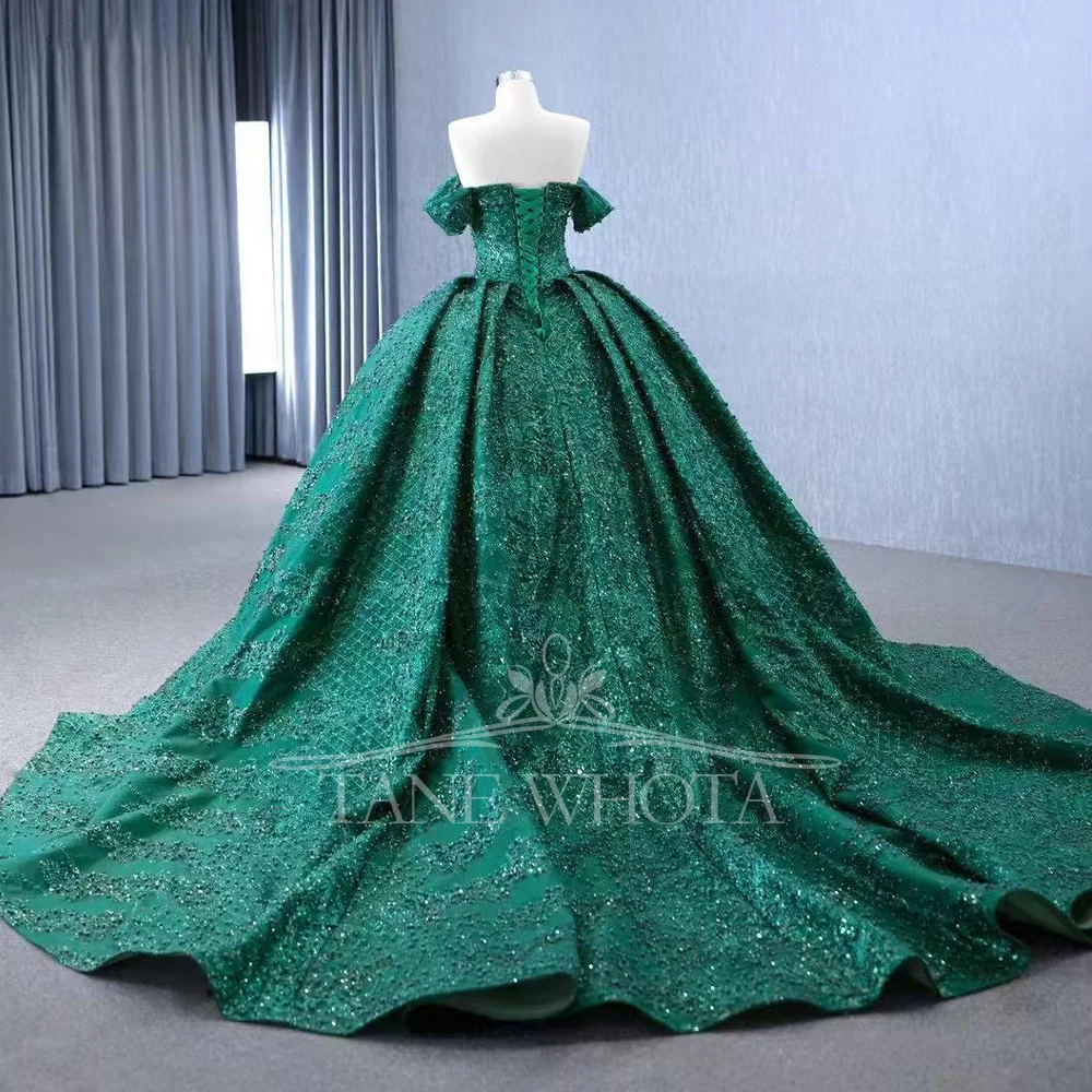 

Luxury Off Shoulder Green Evening Dress Beaded Sequined Lace Up Back Satin Abendkleider For Women