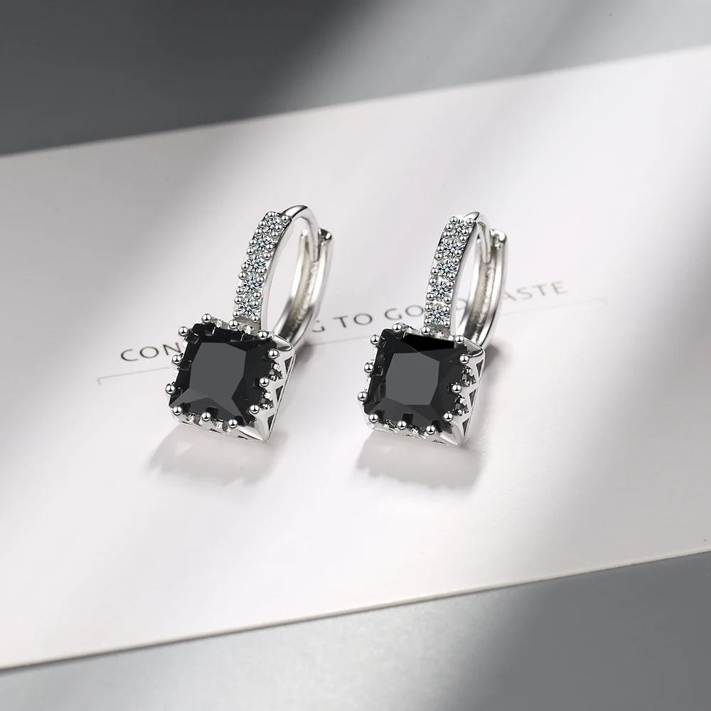 Cute Square Black Stone Hoop Earrings Trendy Female Rainbow Crystal Small Earring Dainty 925 Silver Wedding Earrings For Women