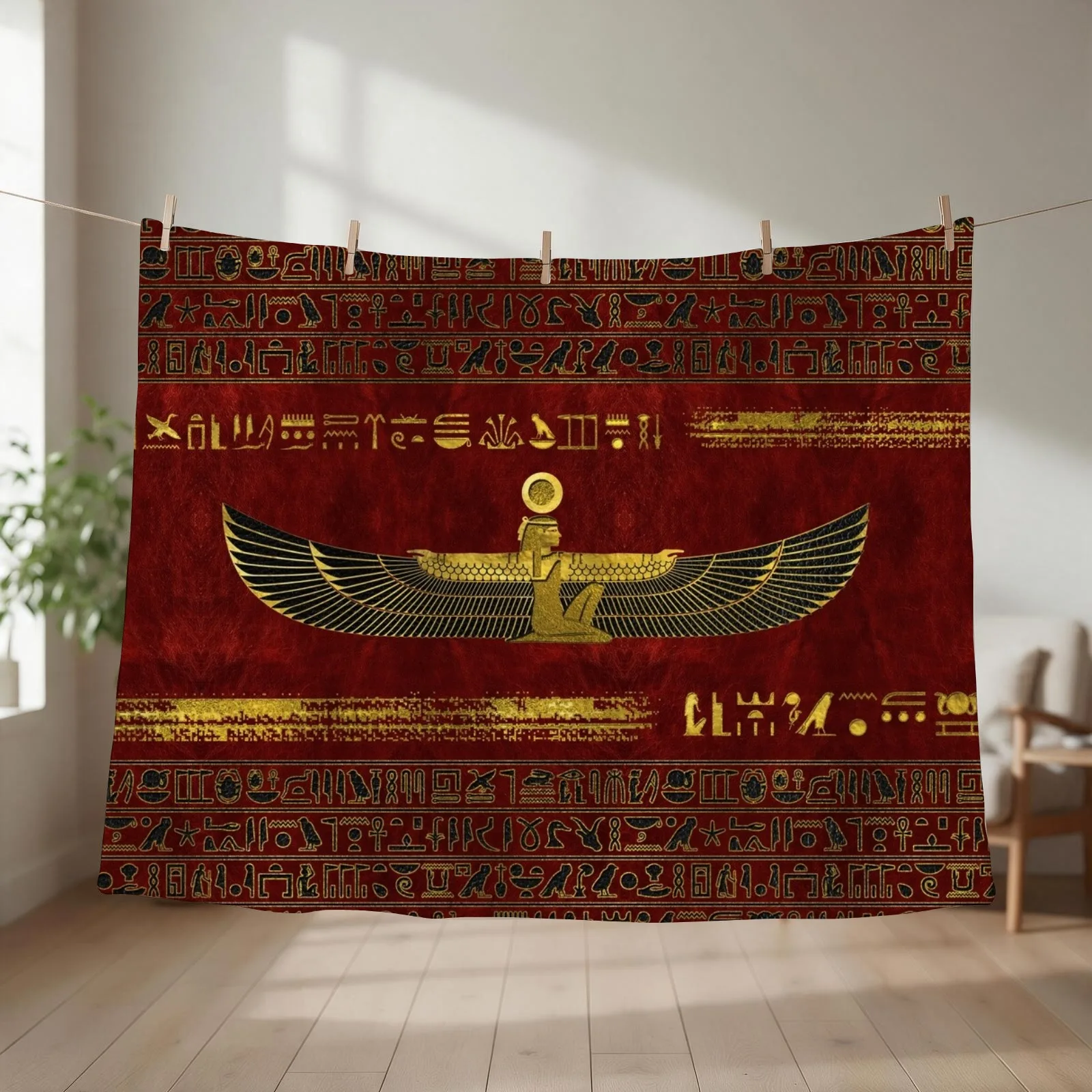 Golden Egyptian God Ornament on red leather Throw Blanket couch cozy soft plush fuzzy picnic outdoor blanket