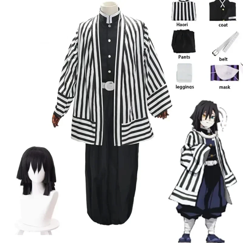 Halloween Perruque de disfraz de Cosplay Kimono Demon Slayer Kimetsu No Yaiba Iguro Obanai Haori, accesorios de serpiente blanc