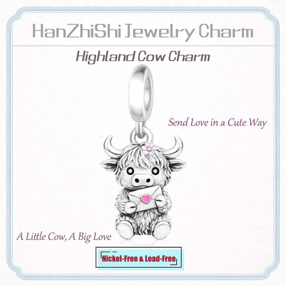 HanZhiShi Highland Cow Charm Cute Animal Bead with Love Letter for Bracelet Necklace Women DIY Jewelry Gift Silver Plated Copper