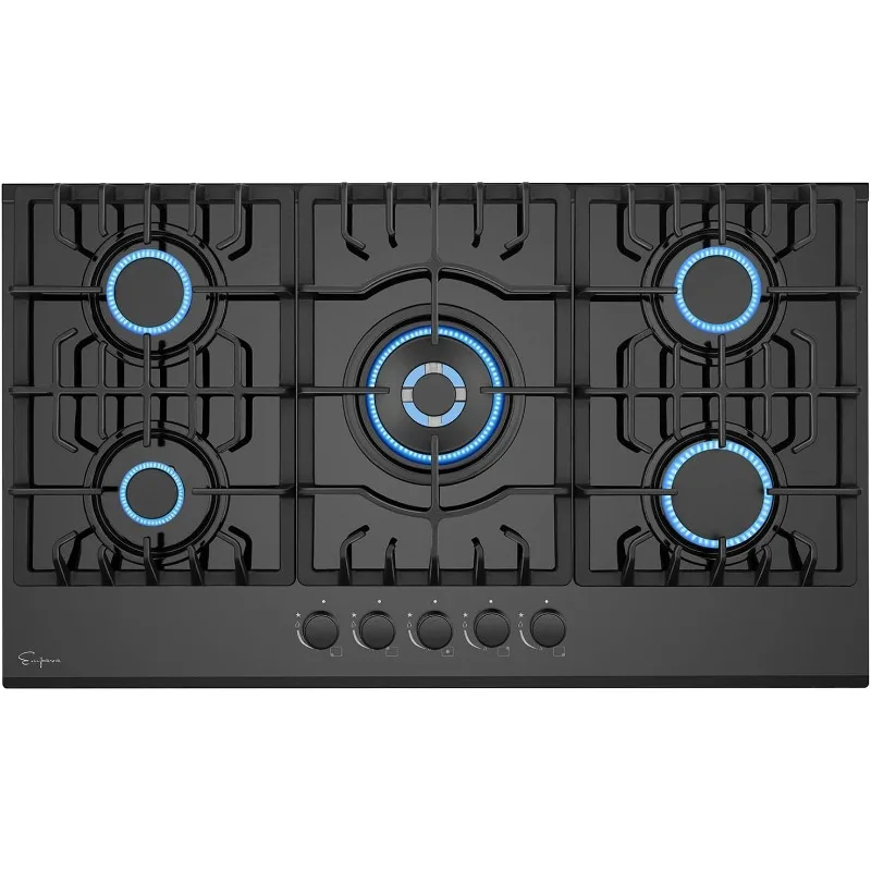 Cuisinière à gaz en verre SabPG du Guatemala, vers le haut, 5 médicaments importés d'Italie, brûleurs Y, 36 po, noir, AVA, 36 po