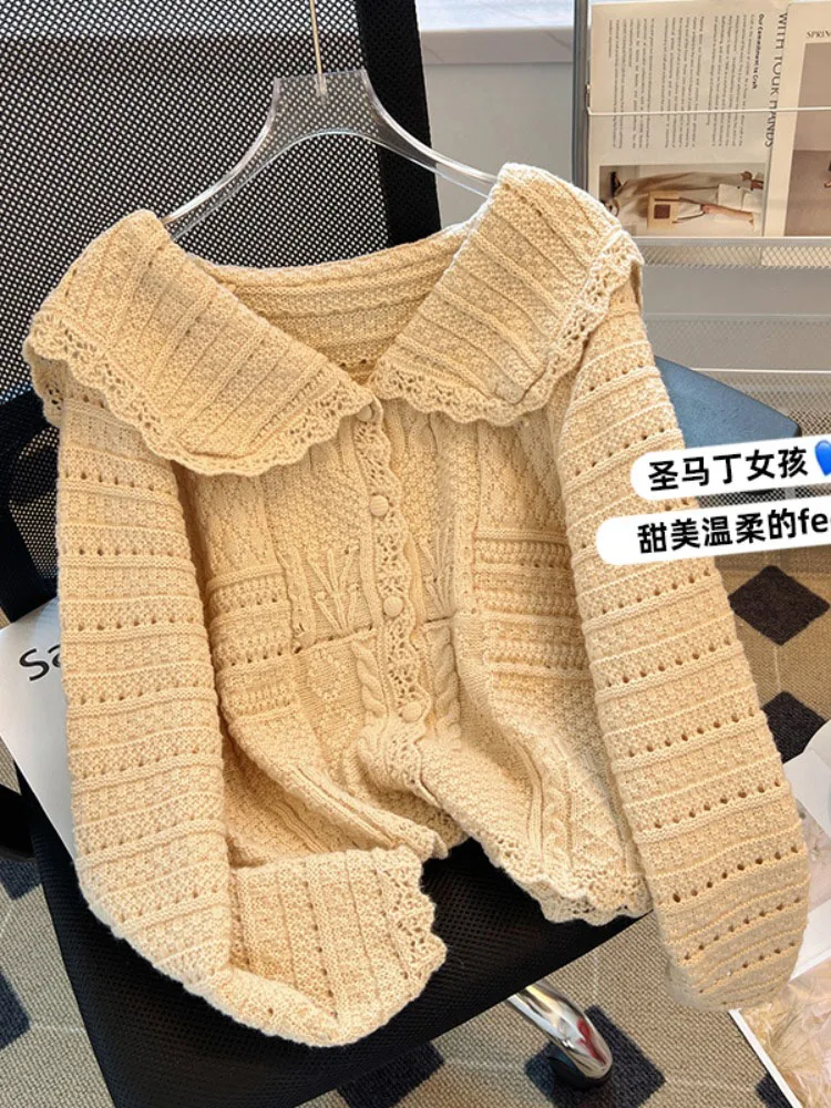 French Style New Hollow Out Crochet Top Women Elegant Fashion Peter Pan Collar Loose Sweater Autumn Sweet Long Sleeve Cardigan