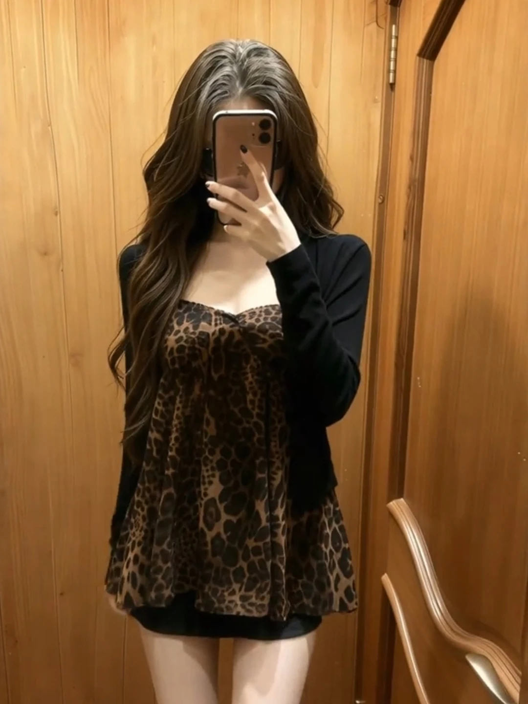 

American Hot Girl Leopard Print Strap Vest Women's Back Thin Sun Protection Black Open Cardigan Two-Piece Set Summer