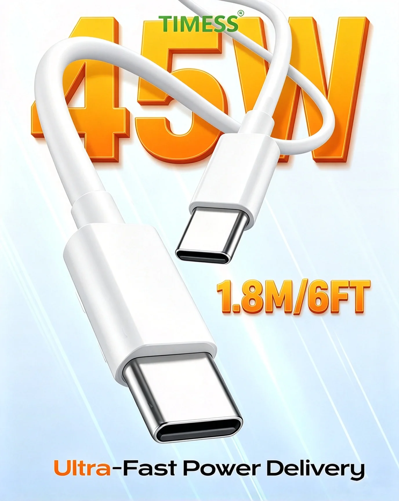 TIMESS PD 45W 180CM 6FT Charging Cable USB C to USB C for MacBook Air/Pro Charger, iPad Pro For iPhone 17 16 15 For Samsung