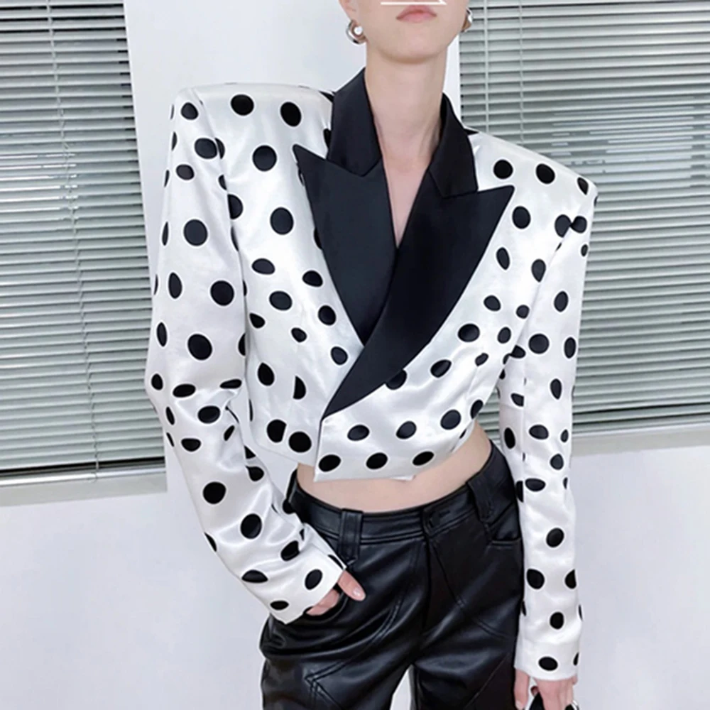 TWOTWINSTYLE Colorblock Dot Printing Short Blazer For Women Notched Collar Long Sleeve Casual Coats Female Fashion Clothes New