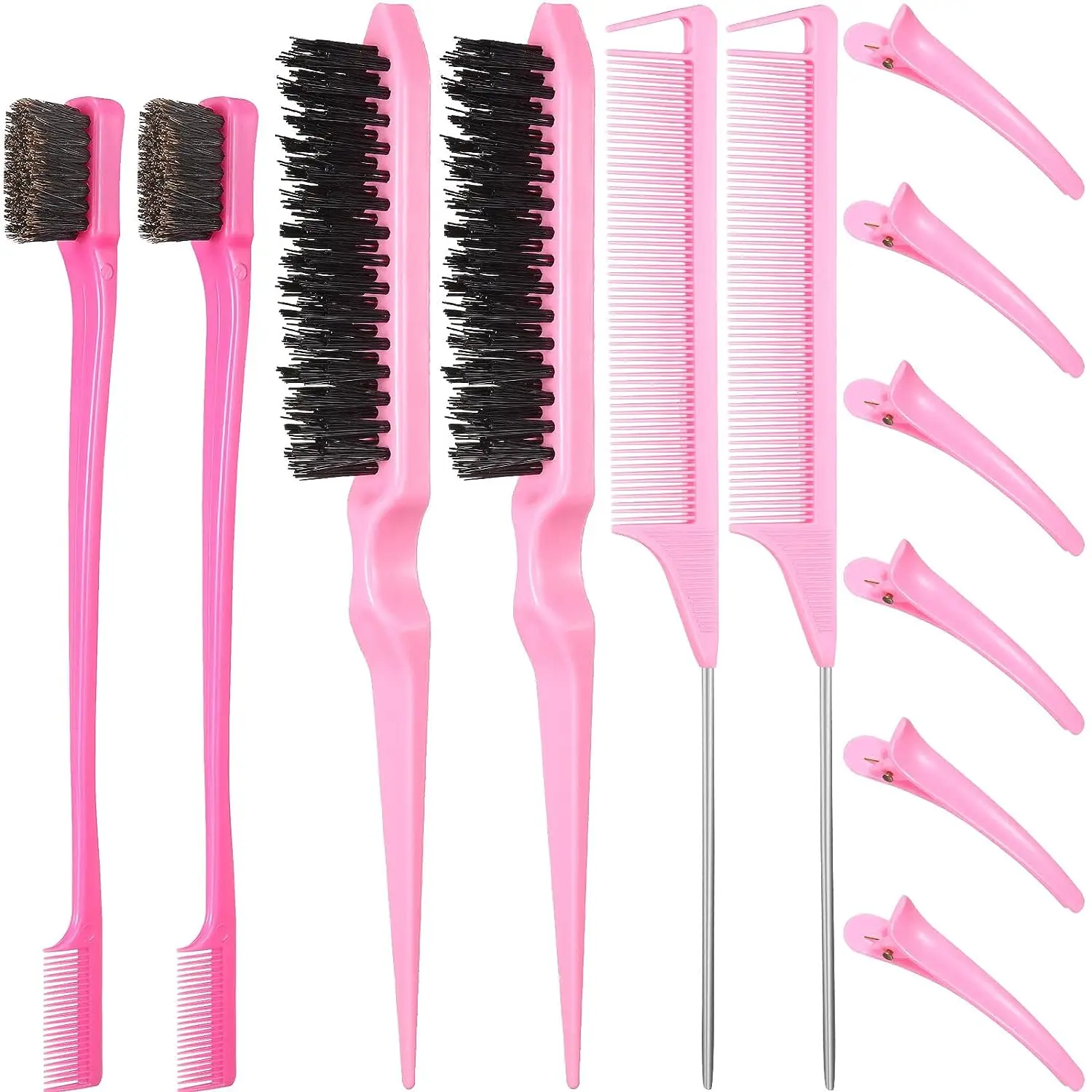 

12 Pieces Black Hair Brush Set, Nylon Teasing Hair Brushes, Hair Edge Smooth Comb , Rat Tail Combs with Duckbill Clips