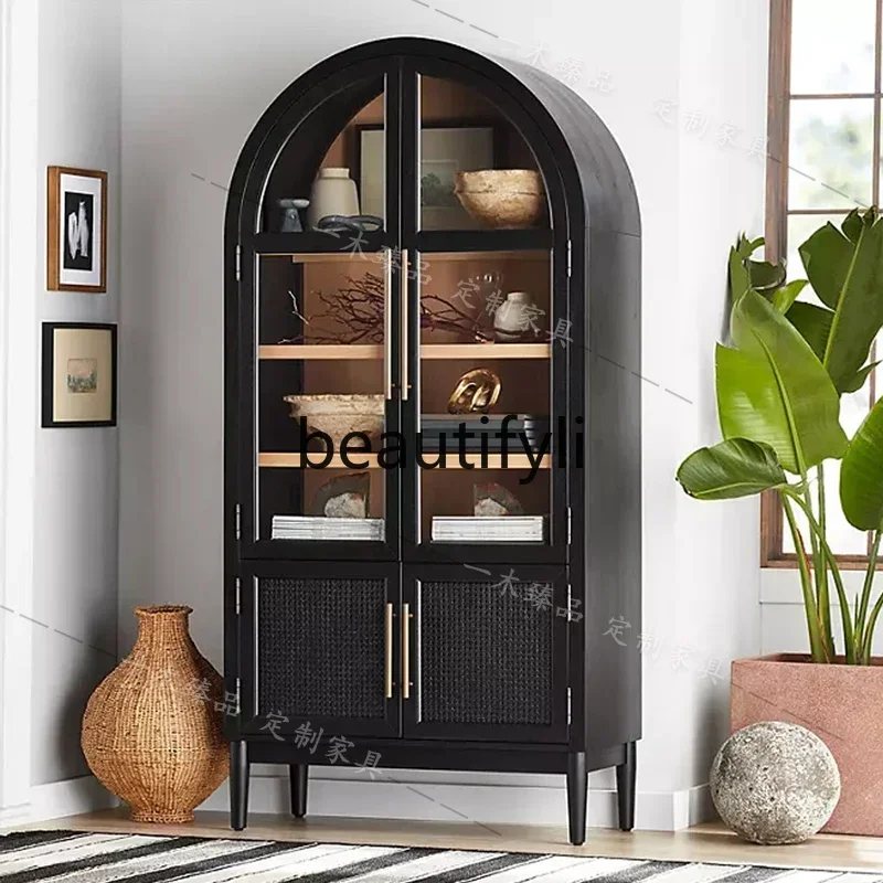 

DD45 French Retro Solid Wood Bookshelf Living Room Storage Cabinet Rattan Light Luxury Arched Storage Cabinet