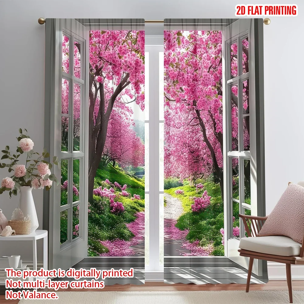 

2D flat printing 2pcs Window Curtains Spring Cherry Blossom View Digital Printed Polyester Drapes Birthday Party for Photo