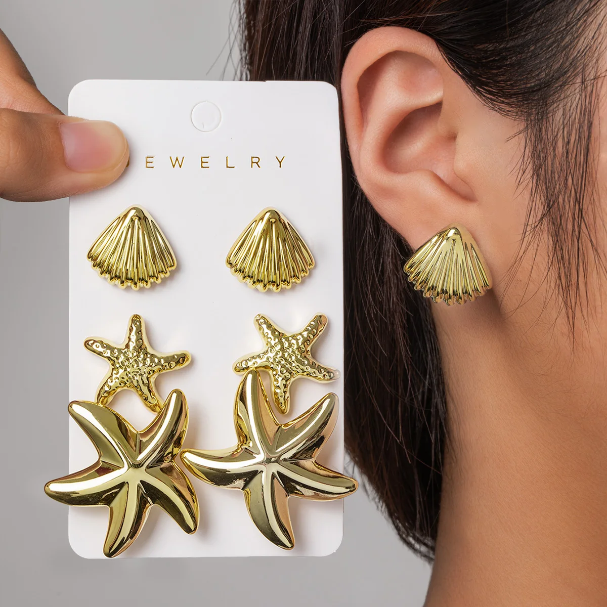 3 pairs of beach style acrylic shell starfish multi piece set for women, earrings, card earrings, versatile for daily use