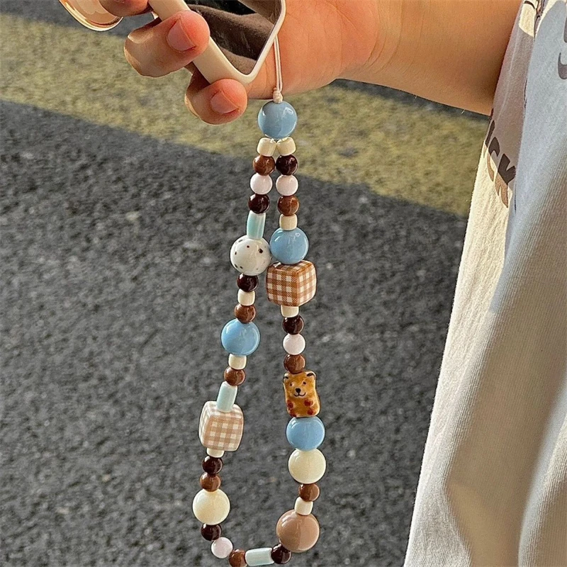 Korea Cute Brown Puppy Grid Block Blue Bead Beaded Phone Chain Charm Lanyard For iPhone 16 Samsung Universal Accessories Jewelry