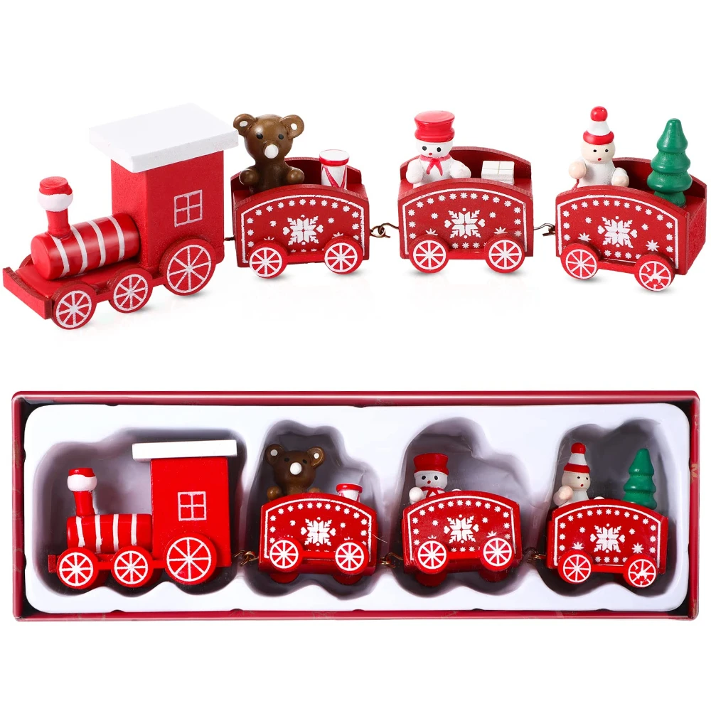 Wooden Christmas Train Set Holiday Decorative Train with 3/4 Carriages Xmas Train Set for Desk Santa Claus Festival Toy Train