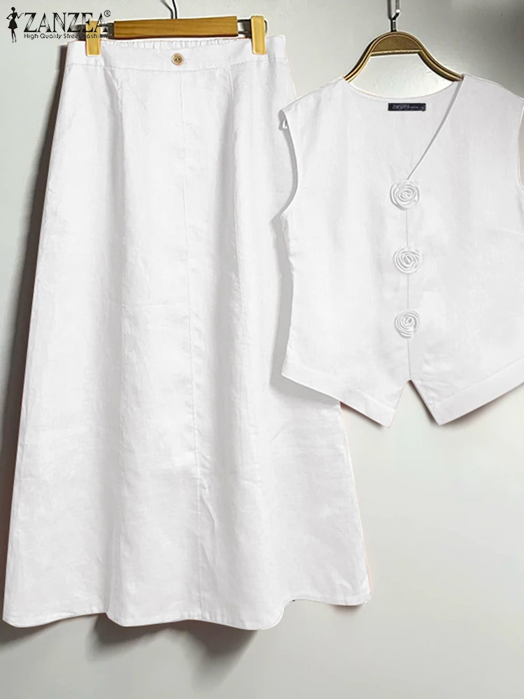 ZANZEA ชุดเดรสวินเทจชุดผู้หญิงเสื้อแขนกุด A-Line กระโปรงยาวชุด 2025 Elegant ชุดจับคู่ฤดูร้อนสบายๆชุด