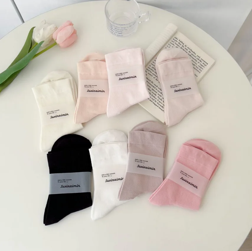 Japan Harajuku Kawaii solid color socks black and white pink women's cotton socks summer simple cute girl socks