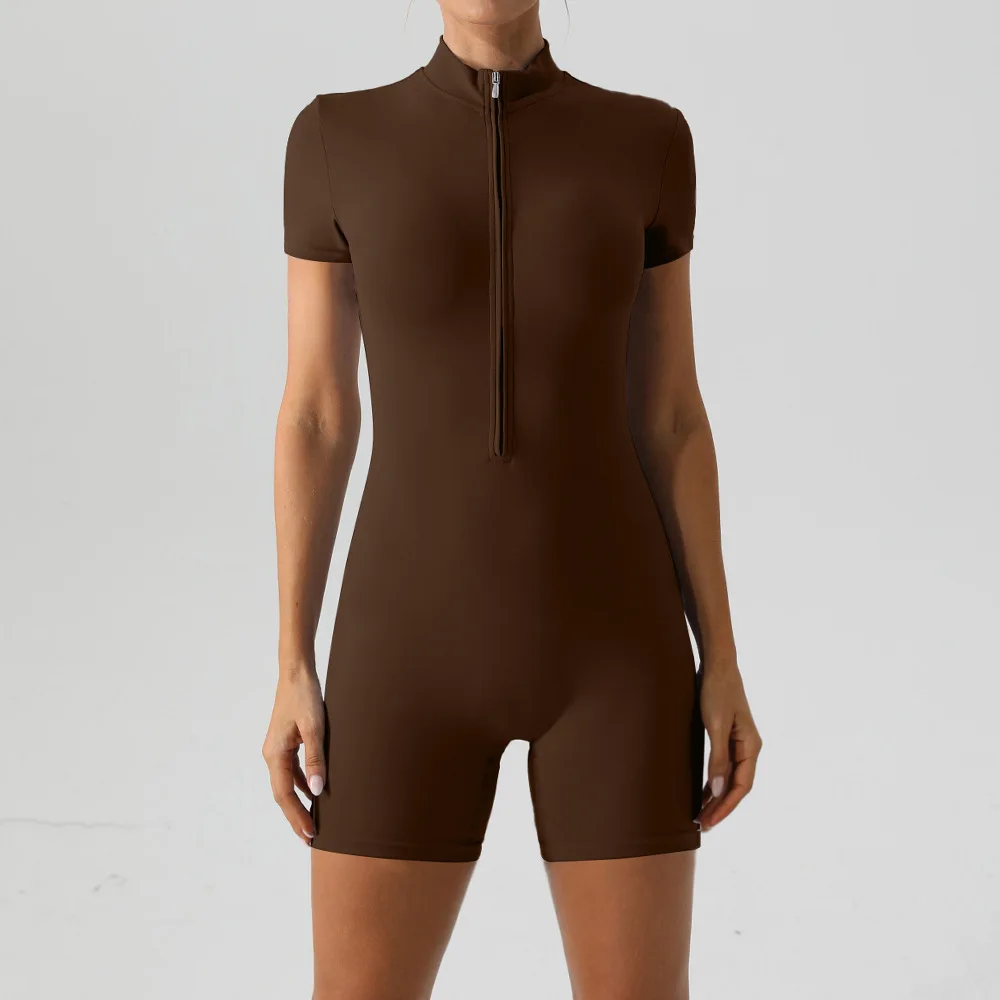 Women Half Zip Short Sleeve Bodysuit High Stretch Workout Romper Slim Fit Yoga Jumpsuit Activewear