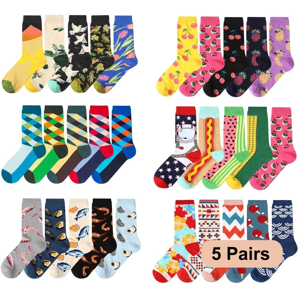 5 pairs New Men Women Cotton Socks Casual Colorful Socks Crew Socks Street Skateboard Socks Happy Funny Harajuku Sox Meias