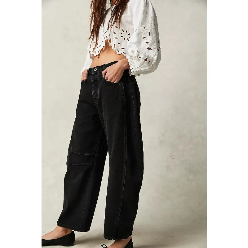 Jeans larghi a gamba dritta da donna di nuovo stile drappeggiati pantaloni lunghi per il tempo libero a gamba larga lavati pantaloni da donna in denim a vita alta