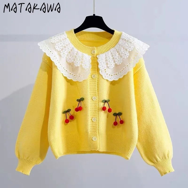 Matakawa Peter Pan Collar Women Cardigans Sweet Autumn Winter Korean Fashion Cherry Ruffles Sweaters Simple Sueter De Mujer